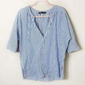 Zara Striped Blue White Vneck Top Blouse Tunic size small